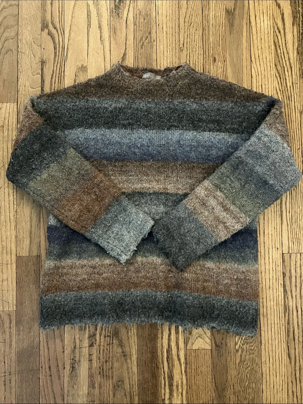Evolution by Cyrus Striped Stretchy Fuzzy Crewneck Sweater in earth tones
